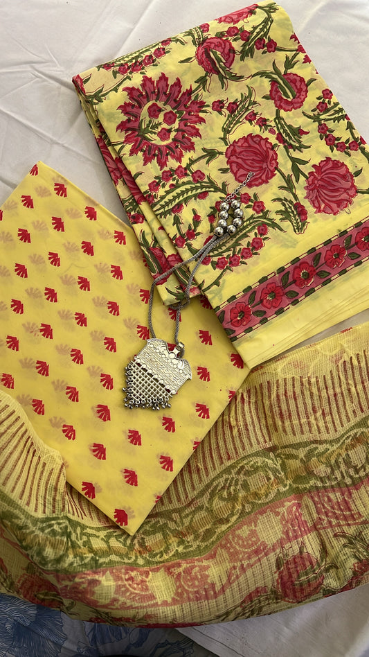 Yellow Cotton Suit set with kota doriya Dupatta