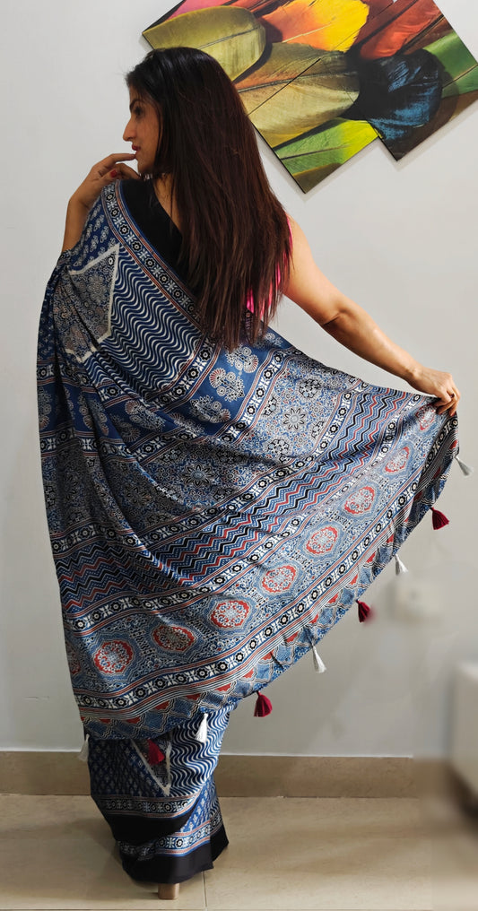 Fizaa:Blue Ajrakh Modal Silk Saree